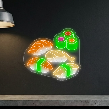 Neon z sushi na ciemnej ścianie w barze