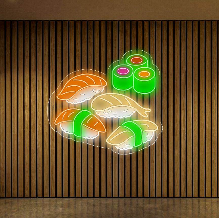 Neon z sushi na lamelach