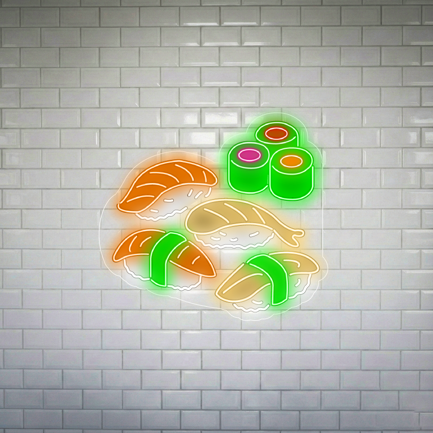 Neon sushi na ścianie z płytek