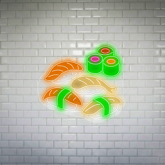 Neon sushi na ścianie z płytek