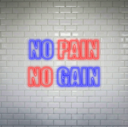 Neon z napisem motywacyjnym "No pain no gain" na tle białych glazuroych kafelków