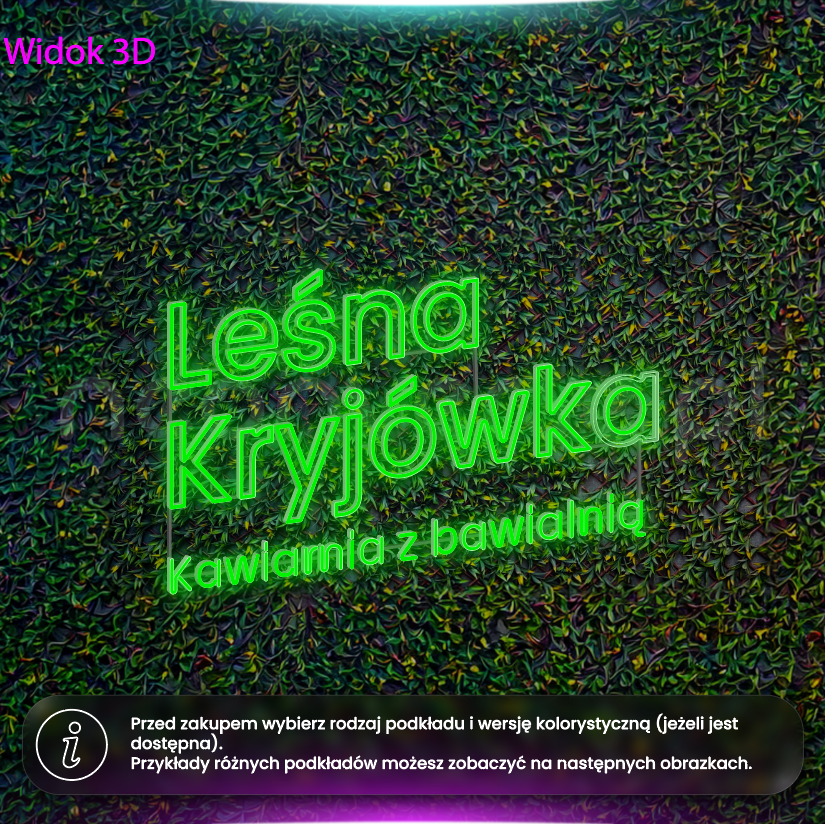 Leśna kryjówka - napis kawiarnia z bawialnią - neon LED