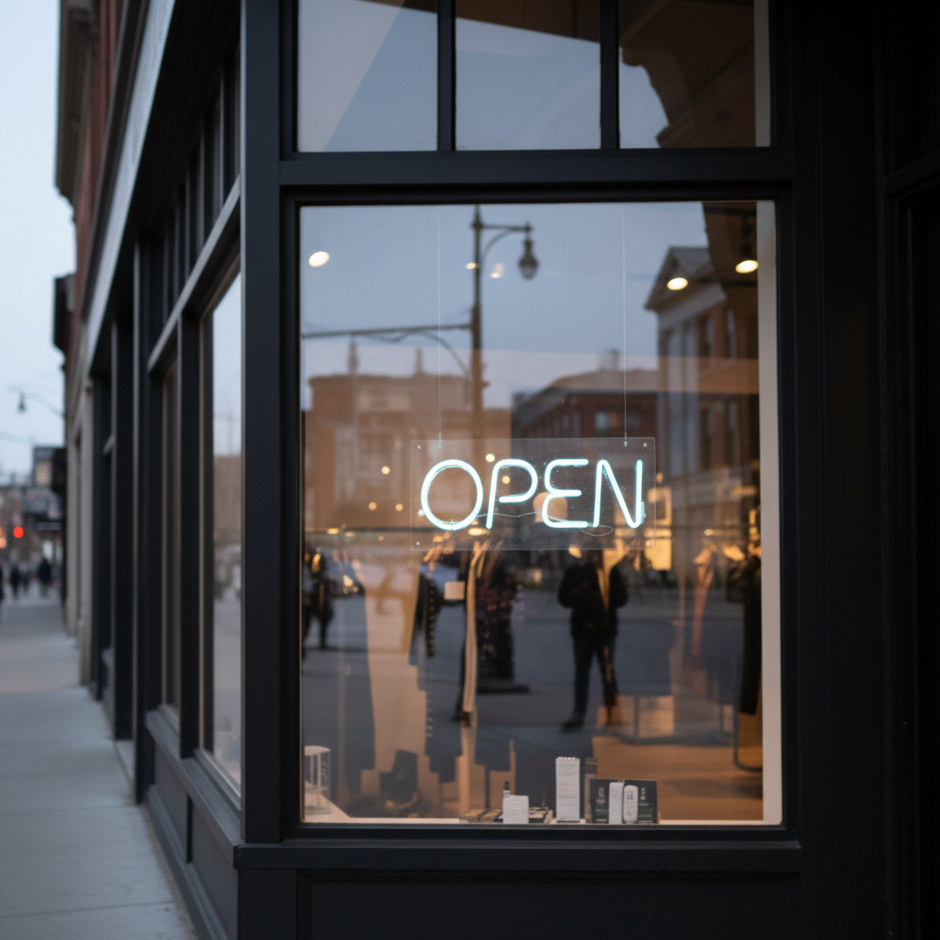 neon LED open w witrynie sklepu z ubraniami