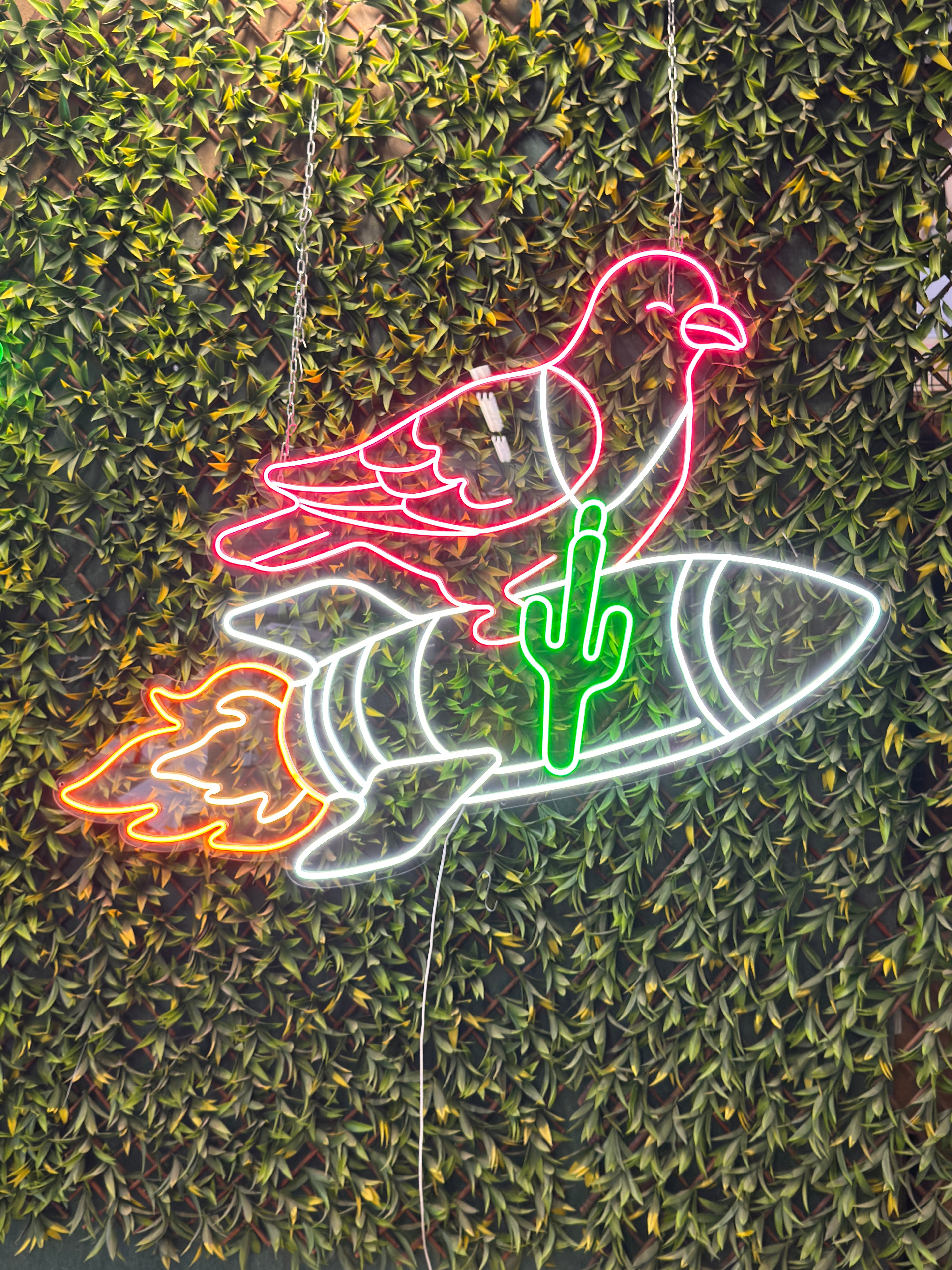 neon LED z gołębiem lecącym na rakiecie