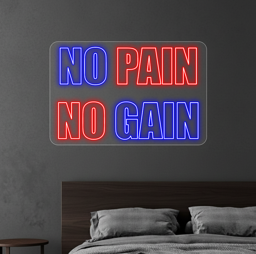 Neon z napisem "No pain no gain" powieszony na ciemnej ścianie nad łóżkiem w sypialni