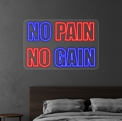Neon z napisem "No pain no gain" powieszony na ciemnej ścianie nad łóżkiem w sypialni
