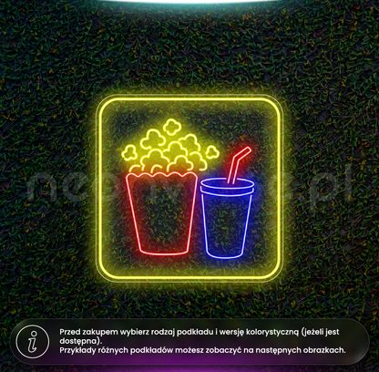 Neon LED z wizerunkiem popcornu i napoju
